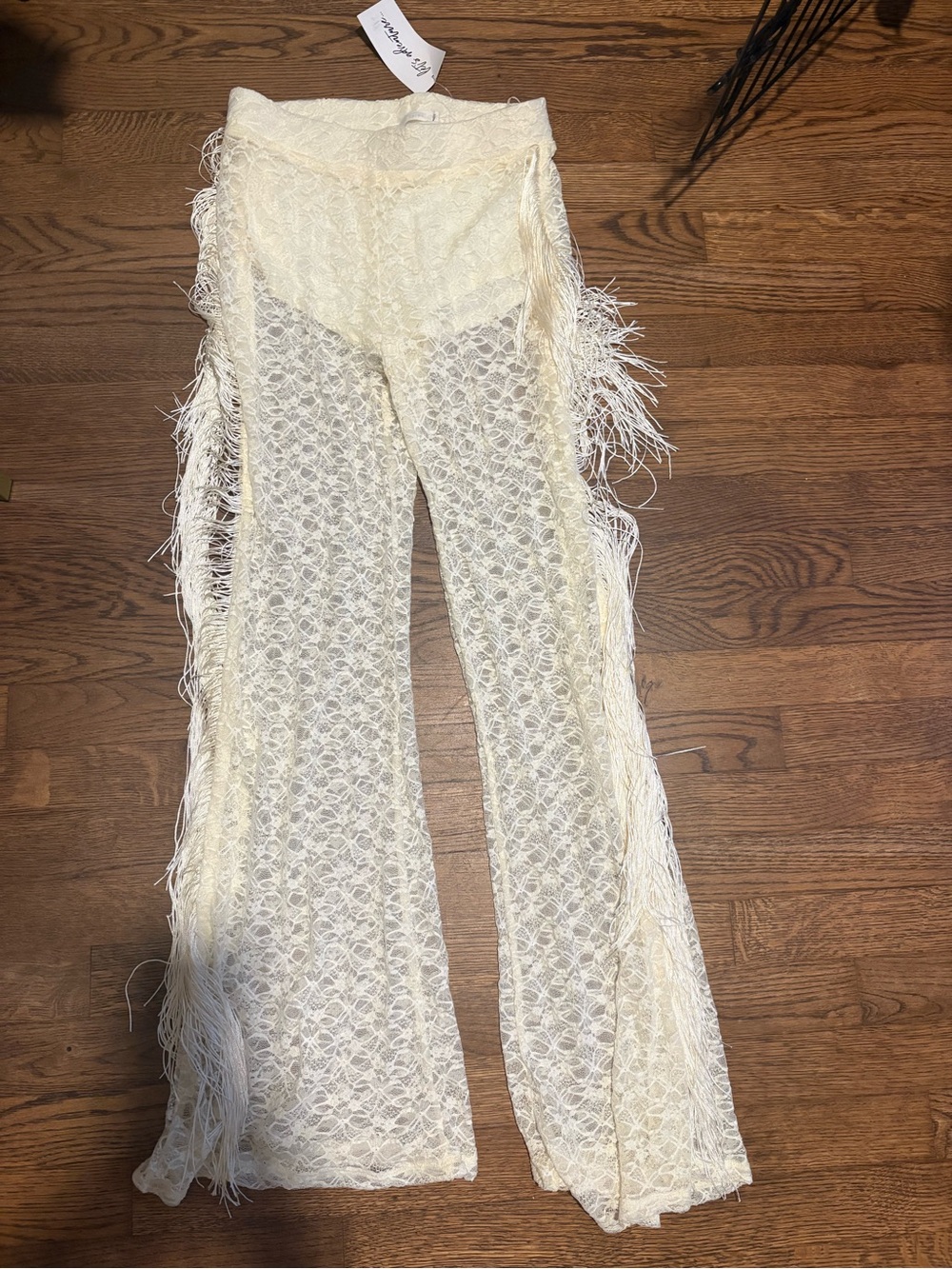 12th Tribe Cream Lace Fringe Wide-Leg Pants.
